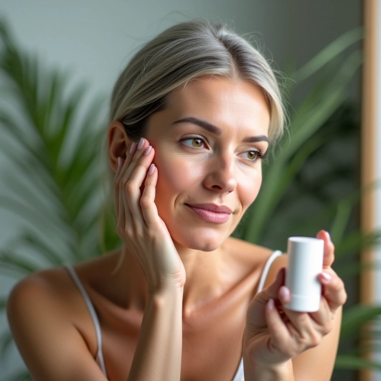 Mulher madura aplicando base em sérum em banheiro moderno com plantas.