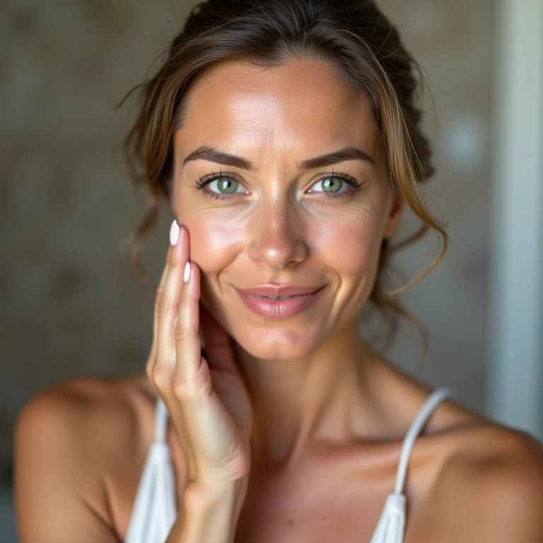 Mulher madura aplicando base líquida hidratante em banheiro estilo Farm Rio.