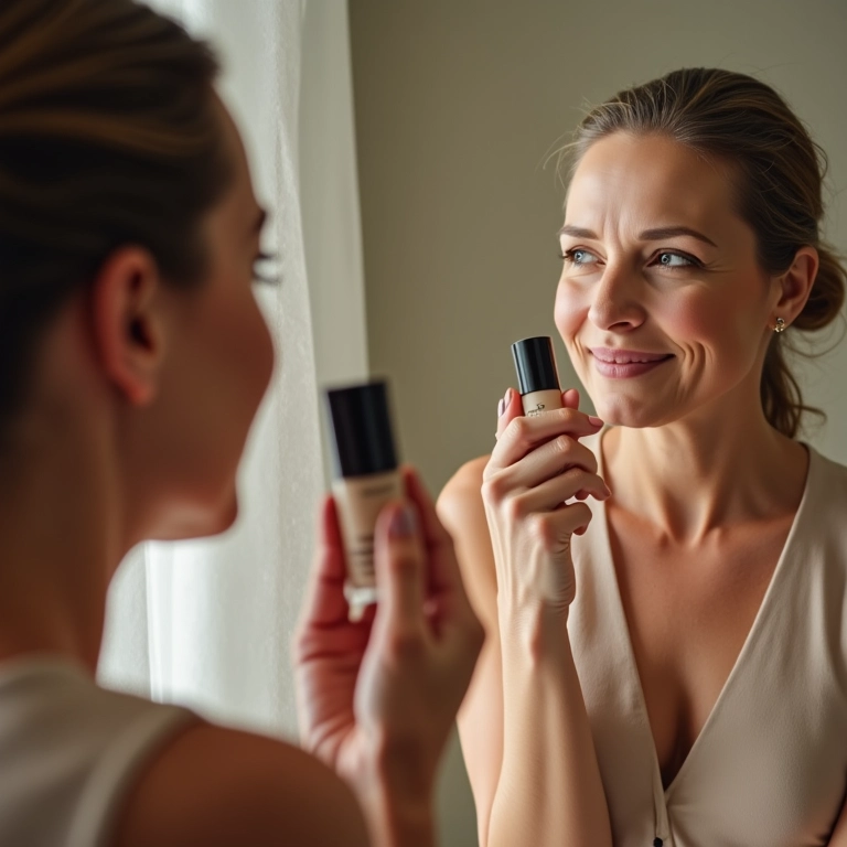 Mulher madura aplicando base Mary Kay Timewise 3D em frente ao espelho.