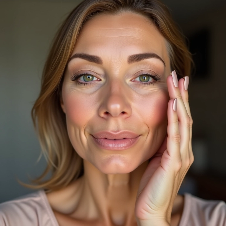 Mulher madura aplicando corretivo iluminador sob os olhos.