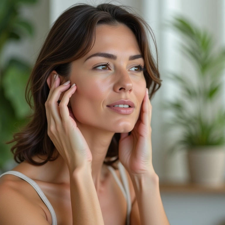 Mulher madura aplicando maquiagem em banheiro iluminado, pele radiante.