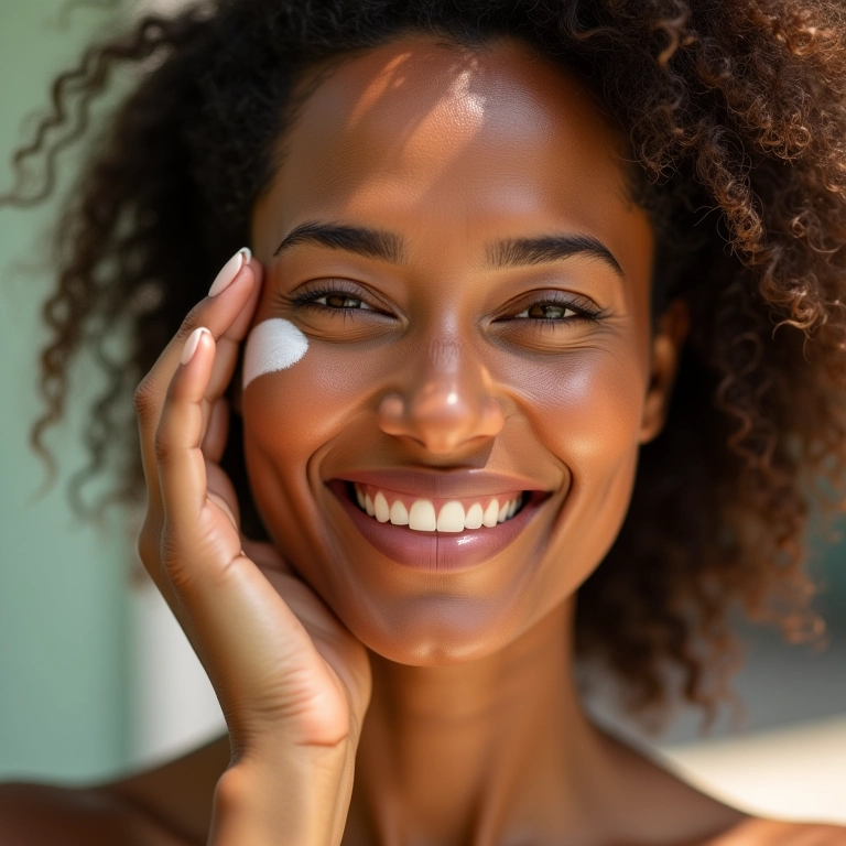 Mulher madura aplicando protetor solar com cor, pele radiante e protegida.