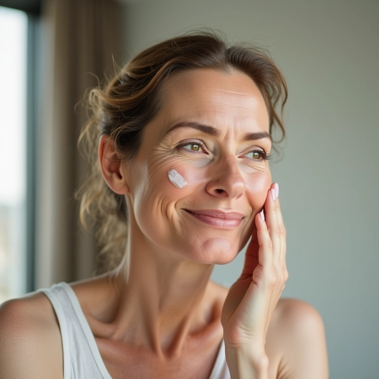 Mulher madura aplicando protetor solar facial com cor da Sallve.