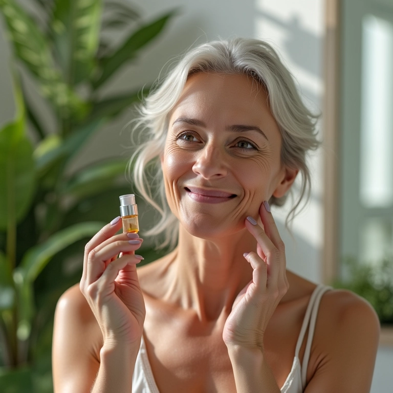 Mulher madura aplicando sérum no rosto em banheiro iluminado e cheio de plantas.