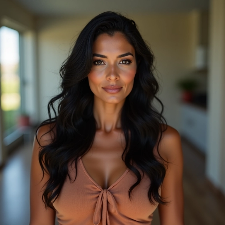 Mulher madura brasileira com cabelo preto e pose confiante.