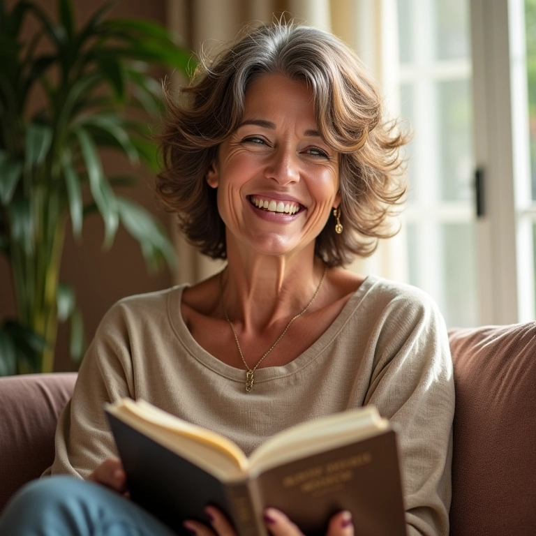 Mulher madura com cabelos saudáveis lendo um livro em sala ensolarada.