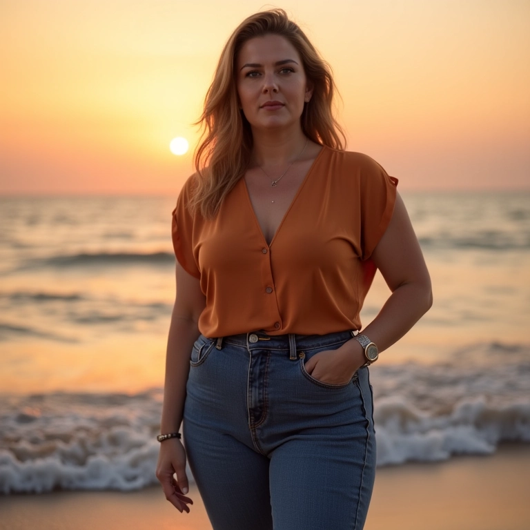Mulher madura com calça flare e blusa elegante na praia.