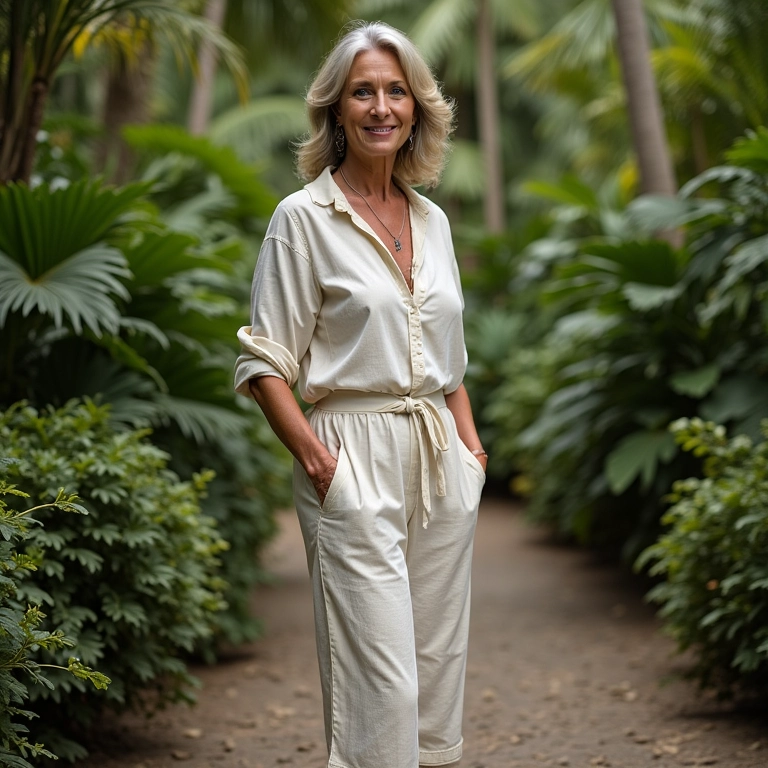 Mulher madura com conjunto de linho e sandálias elegantes em jardim tropical.