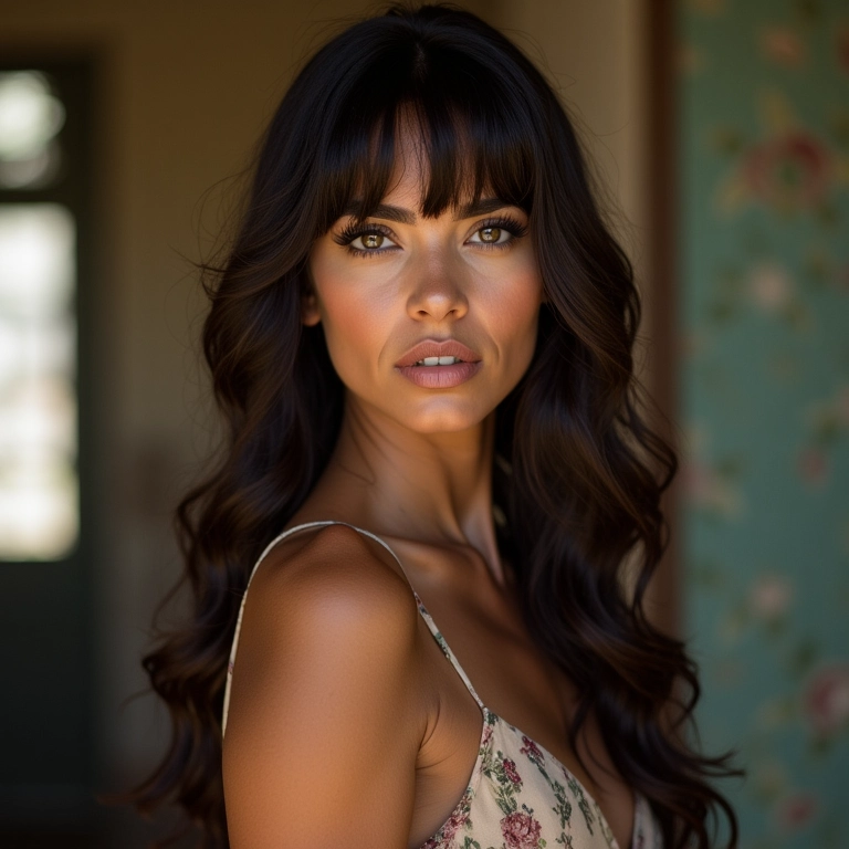 Mulher madura com franja Bardot e cabelo longo em cenário vintage.