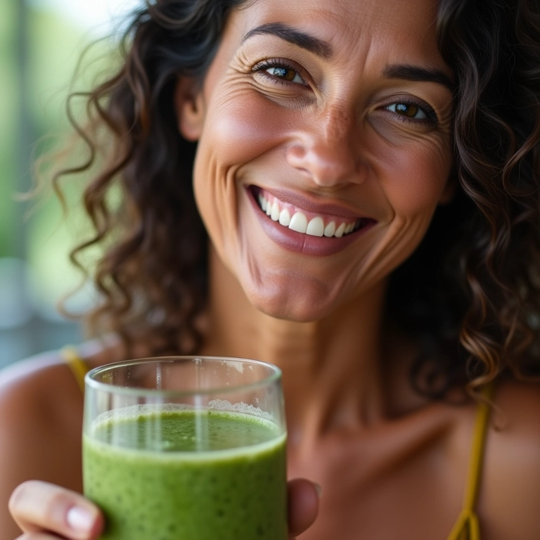 Mulher madura com pele radiante segurando smoothie verde.