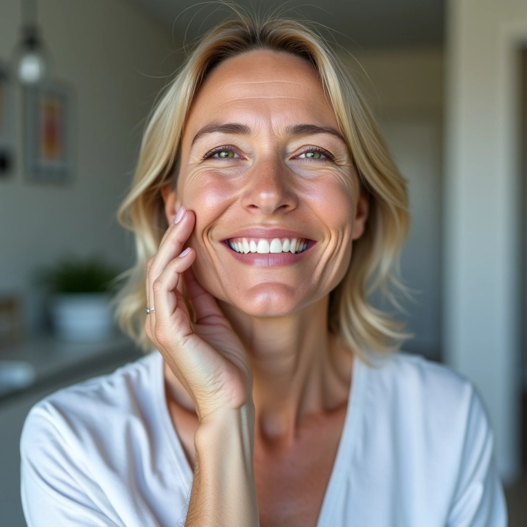 Mulher madura com pele sensível usando sérum La Roche-Posay.