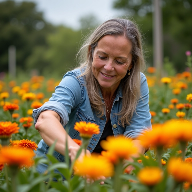 Mulher madura cuidando de um jardim colorido, demonstrando o poder do exemplo.