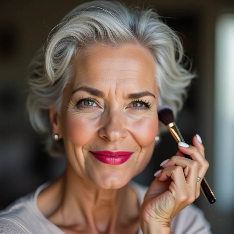 Mulher madura elegante aplicando maquiagem com cabelos grisalhos visíveis.