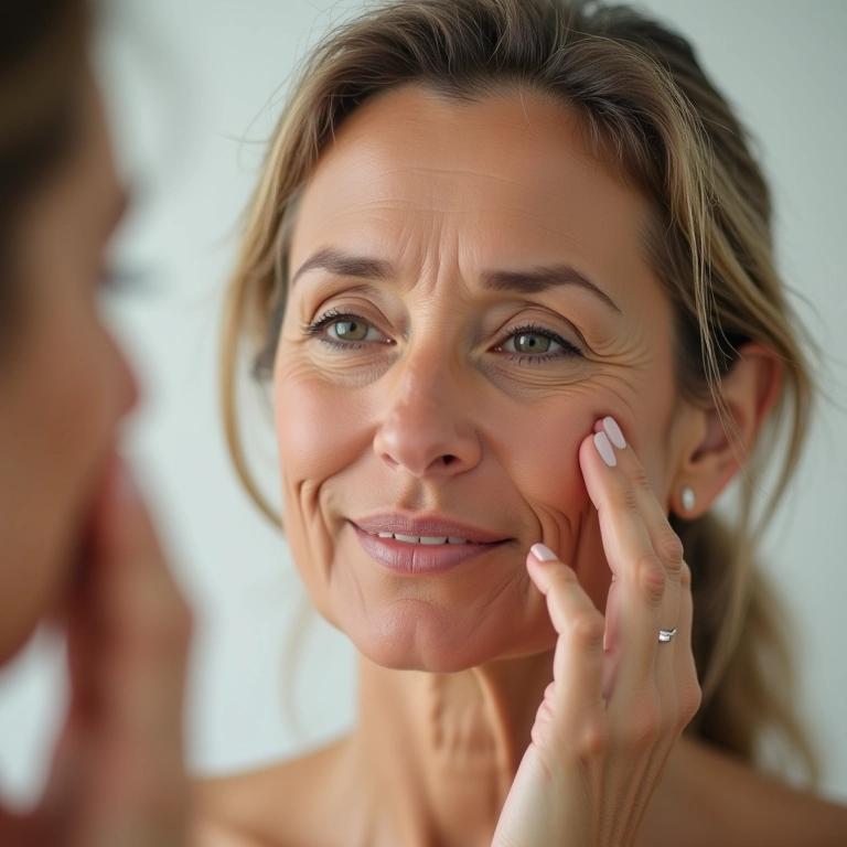 Mulher madura encontrando o tom perfeito de protetor solar com cor.
