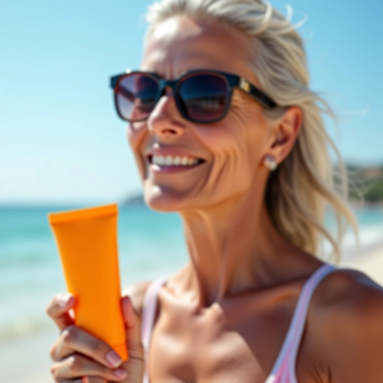 Mulher madura na praia usando protetor solar com cor, proteção ideal.
