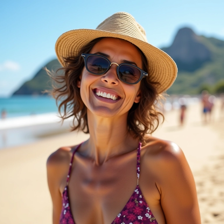 Mulher madura radiante sorrindo na praia de Ipanema, Rio de Janeiro.