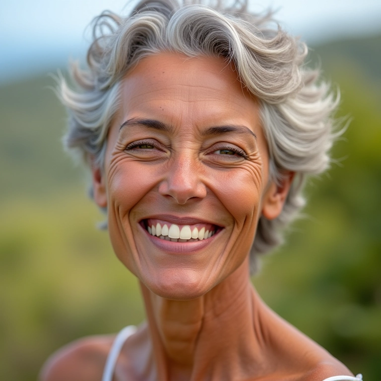 Mulher madura sorrindo ao ar livre, usando protetor solar com cor e com pele saudável.