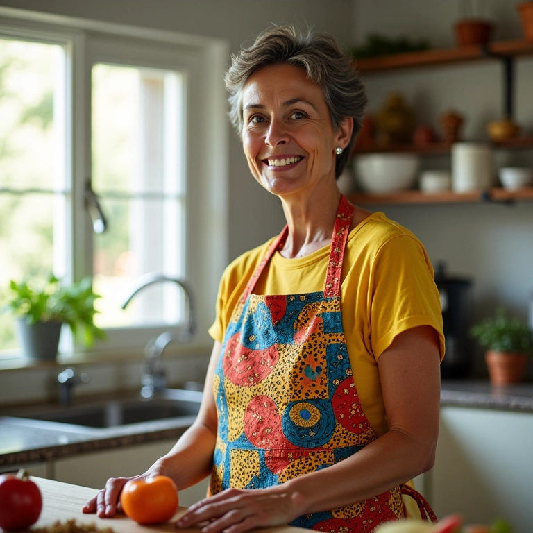 Mulher madura usando avental colorido na cozinha.