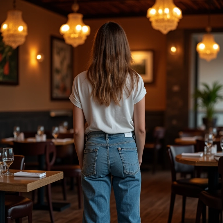 Mulher madura usando calça jeans flare em restaurante elegante no Brasil, transmitindo sofisticação.