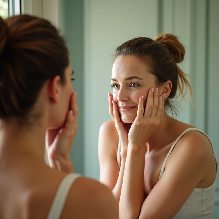 Mulher madura verificando a cobertura do protetor solar com cor no espelho.