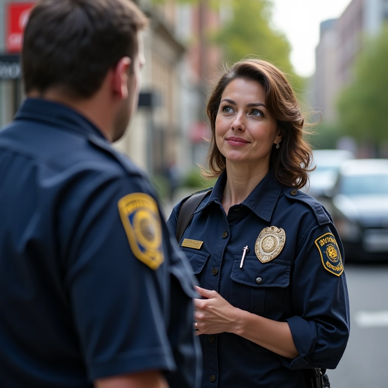 Mulher mantendo a calma ao relatar roubo à polícia.