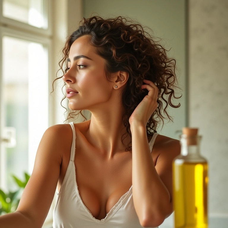 Mulher massageando azeite de oliva no cabelo.