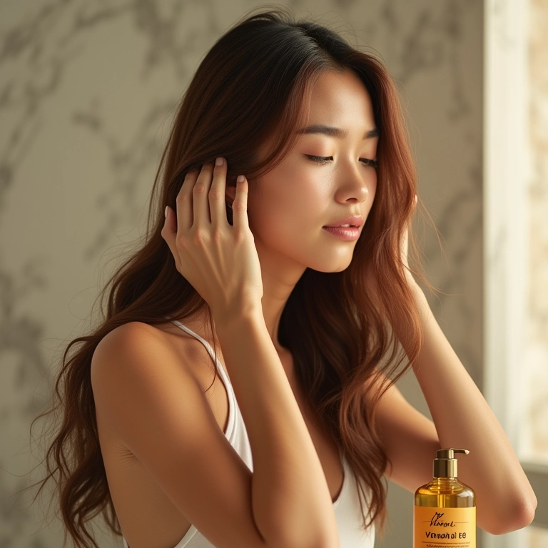 Mulher massageando o cabelo com óleo de vitamina E, protegendo os fios e promovendo brilho.