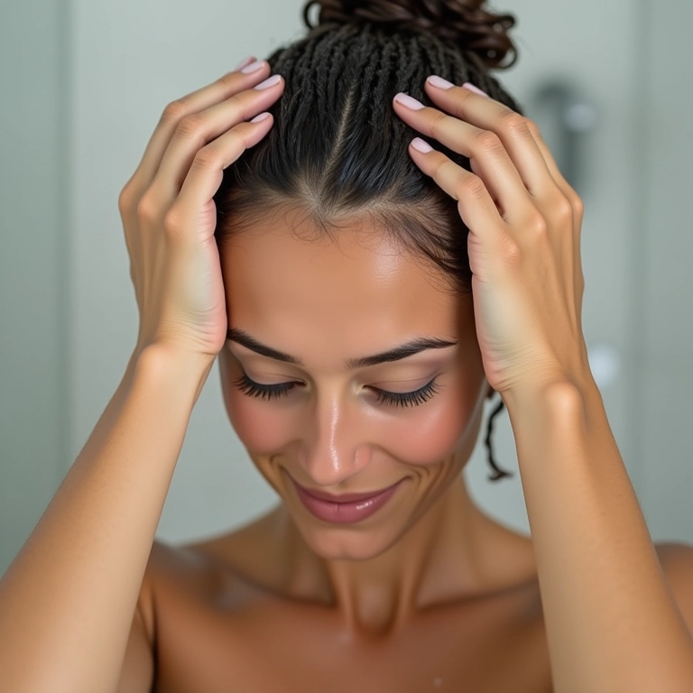 Mulher massageando o couro cabeludo durante a lavagem com No Poo.