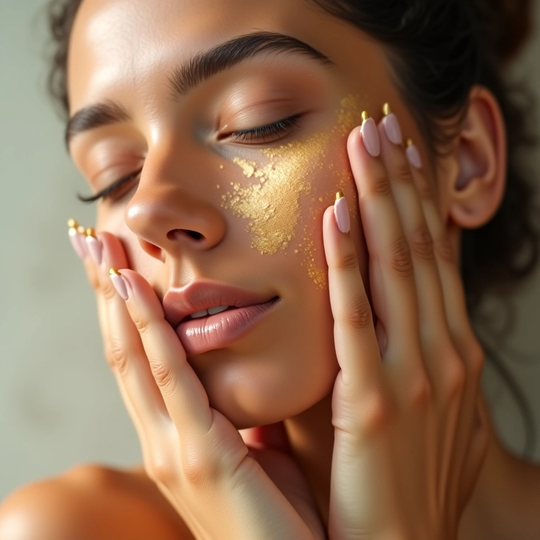 Mulher massageando o rosto com óleo de semente de uva para hidratação.