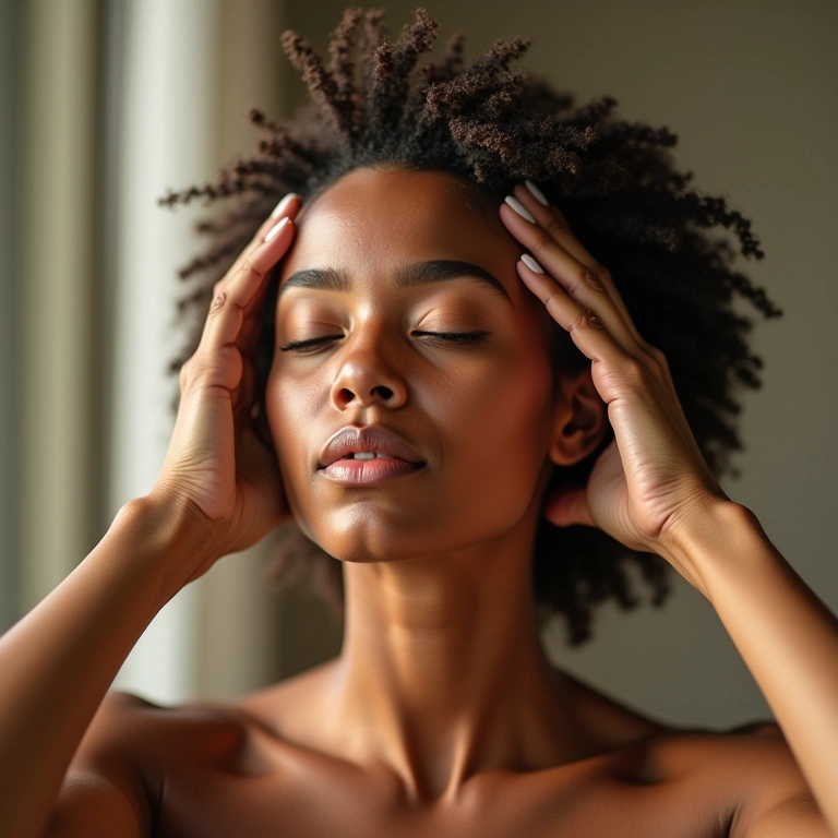 Mulher massageando óleo capilar no couro cabeludo para nutrição revitalizante.