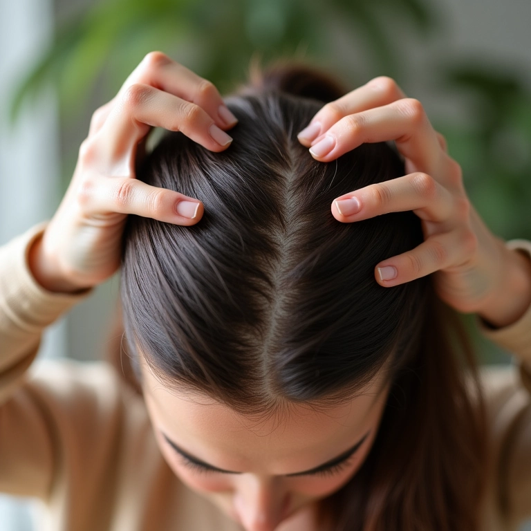 Mulher massageando tônico de alecrim no couro cabeludo.