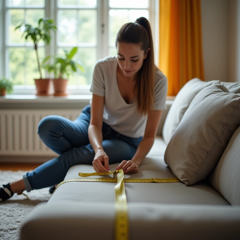 Mulher medindo espaço para sofá em sala iluminada.