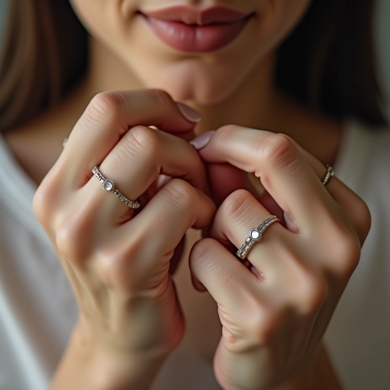 Mulher medindo o tamanho do anel com anéis delicados por perto, preciso e profissional.