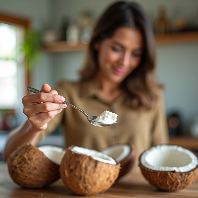 Mulher medindo óleo de coco na cozinha.