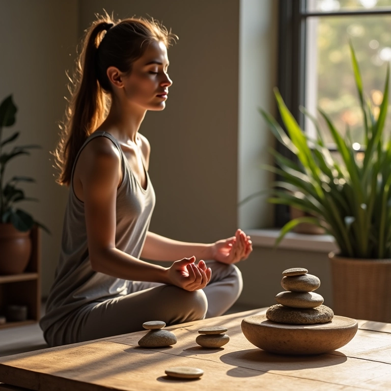 Mulher meditando ao lado de pedras pintadas, ambiente zen.
