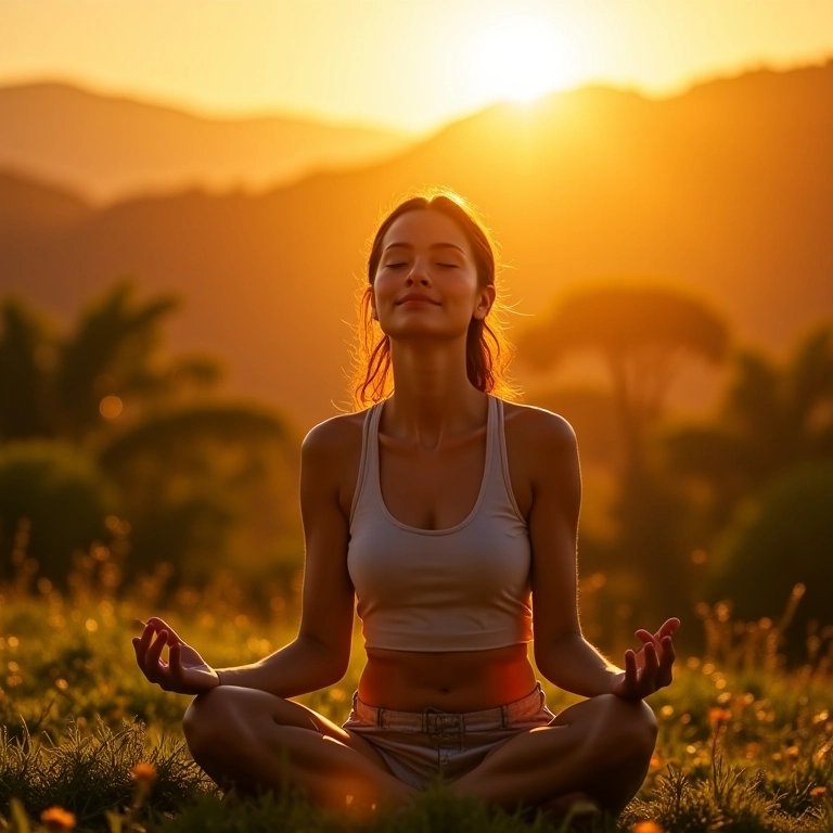 Mulher meditando ao nascer do sol, desconectando para renovar a mente.