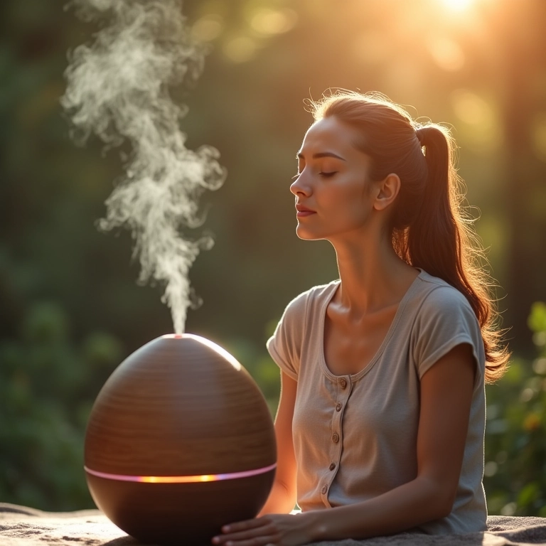Mulher meditando com aromaterapia.