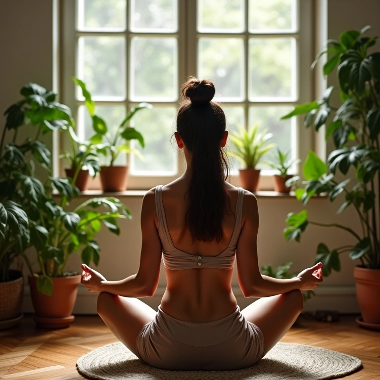 Mulher meditando em ambiente sereno, comparando com sonhar acordada.