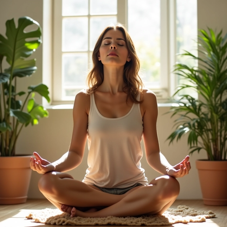Mulher meditando em ambiente tranquilo, representando o bem-estar emocional.