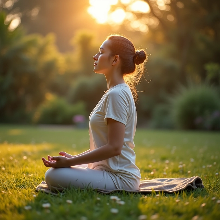 Mulher meditando em jardim tranquilo, representando o autoconhecimento.