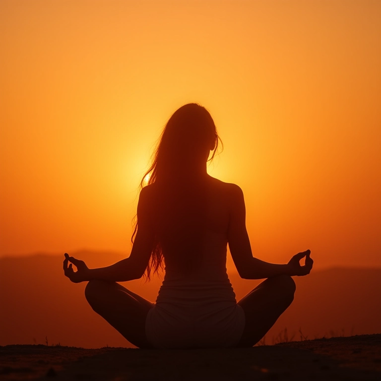 Mulher meditando em posição de lótus ao pôr do sol.