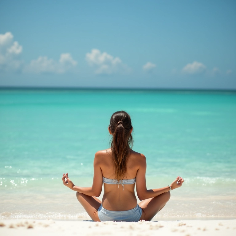 Mulher meditando em praia paradisíaca na Bahia durante a Páscoa.
