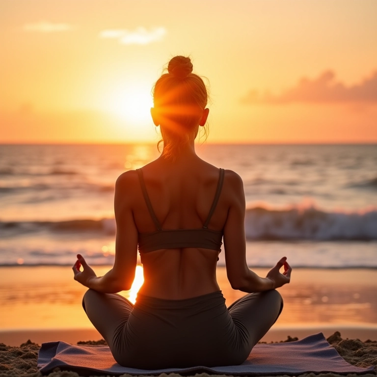 Mulher meditando em praia tranquila no Brasil, buscando paz longe do carnaval.