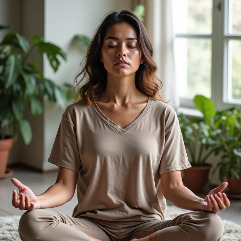 Mulher meditando em sala organizada, buscando a redução do estresse.