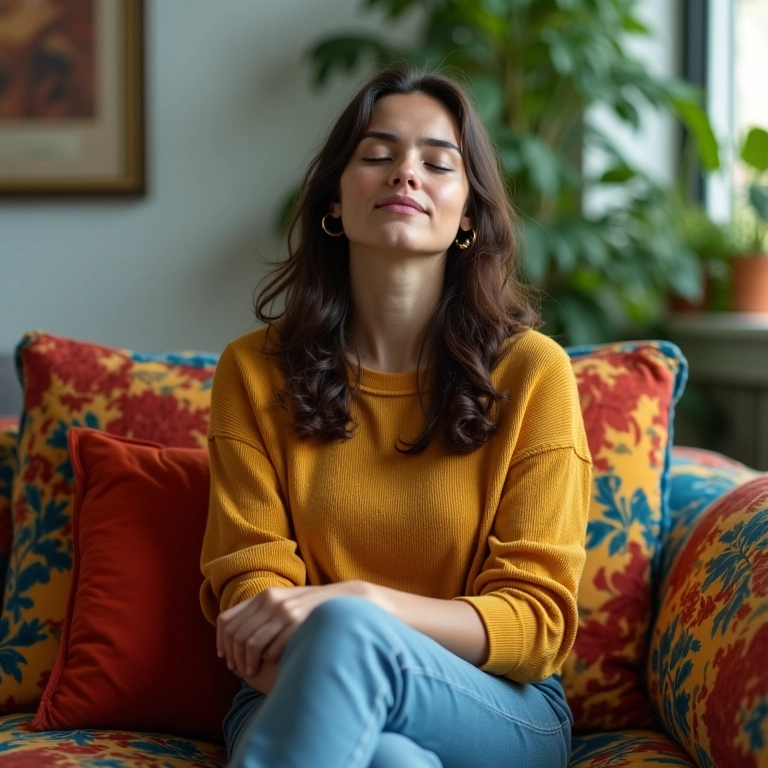 Mulher meditando em sofá colorido, aliviando a ansiedade.