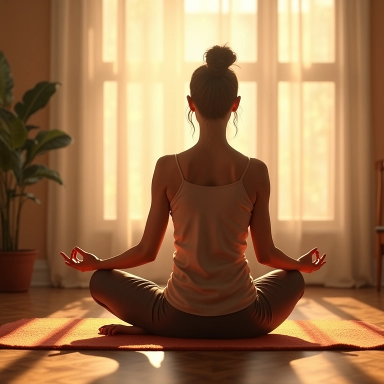 Mulher meditando em uma sala serena com luz solar entrando pela janela, praticando mindfulness.