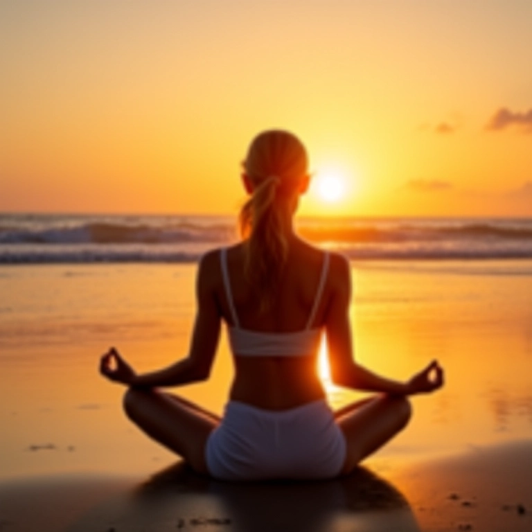 Mulher meditando na praia ao nascer do sol, buscando paz interior no Brasil.