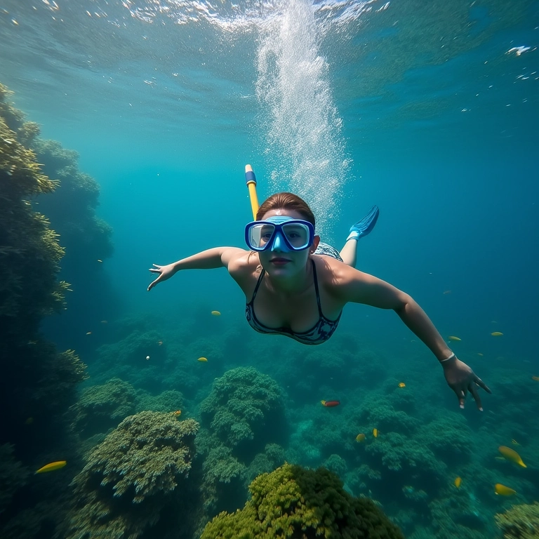 Mulher mergulhando em águas cristalinas em Bonito, Mato Grosso do Sul.