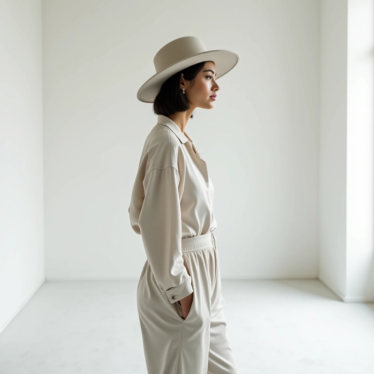 Mulher minimalista com chapéu bowler em ambiente clean com arte brasileira.