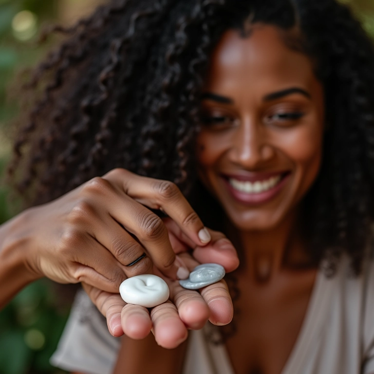 Mulher misturando diferentes cremes de pentear para cabelo 3C.